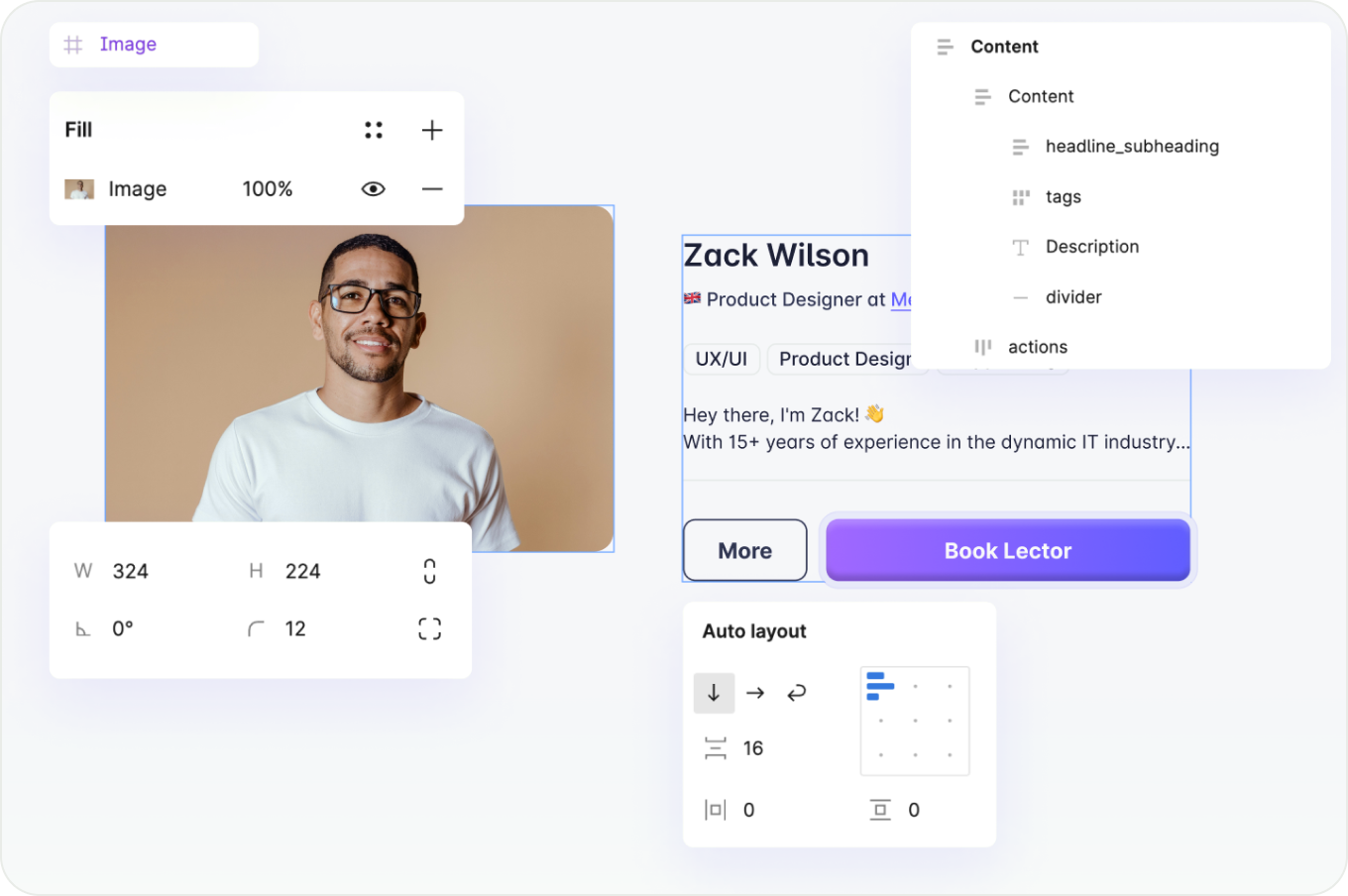 The card content split into two frames: an image frame, and a text frame holding the title, description and buttons.