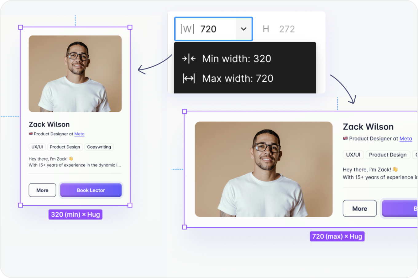 Minimum and maximum widths set on the card frame itself, bounding how narrow and how wide it can go.