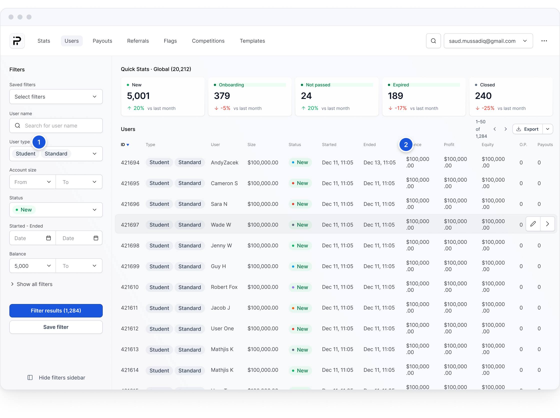 Step 3 of 3: the Users module opens with the filter panel populated from the parse — status New, type Student and Standard, balance above 5,000 USD.