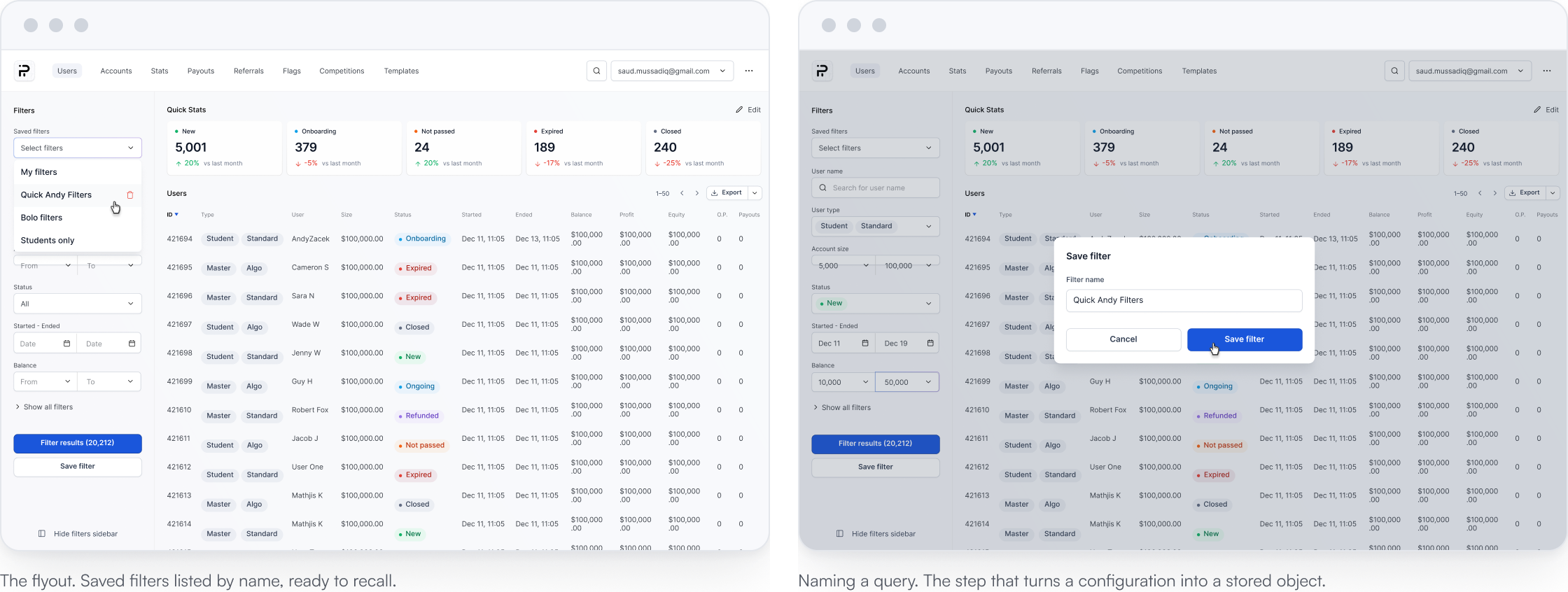 The saved-filters flyout listing queries by name, and the modal that names a query before saving it.