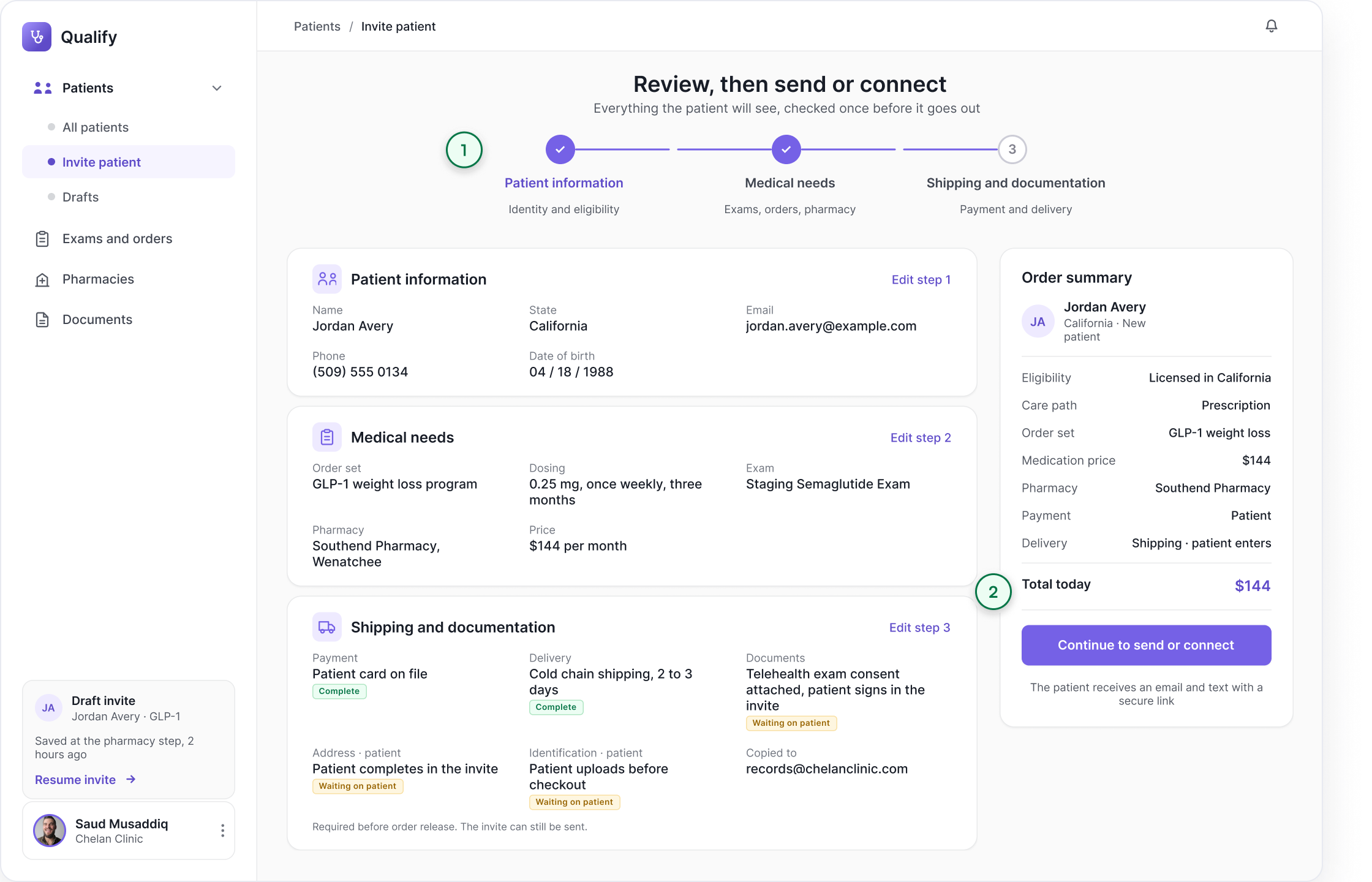 Qualify review and send screen: patient information, medical needs and shipping and documentation gathered into one record with an edit link back to each step, beside the order summary and a continue to send options button.