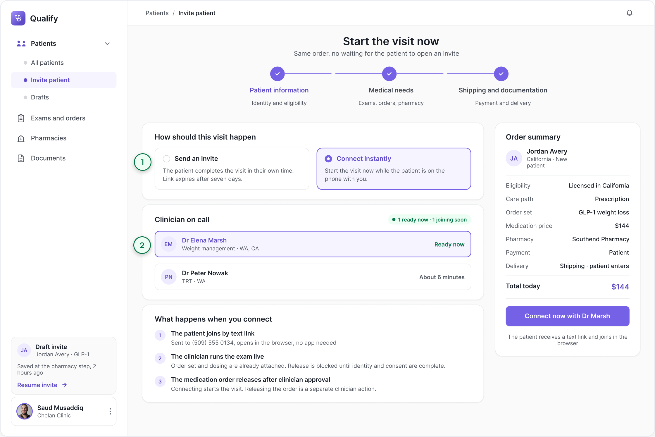Qualify connect live screen: a choice between sending an invite and connecting instantly, a clinician on call list showing who is ready now and who is about six minutes away, the three steps of a live visit, and a connect now with Dr Marsh button.