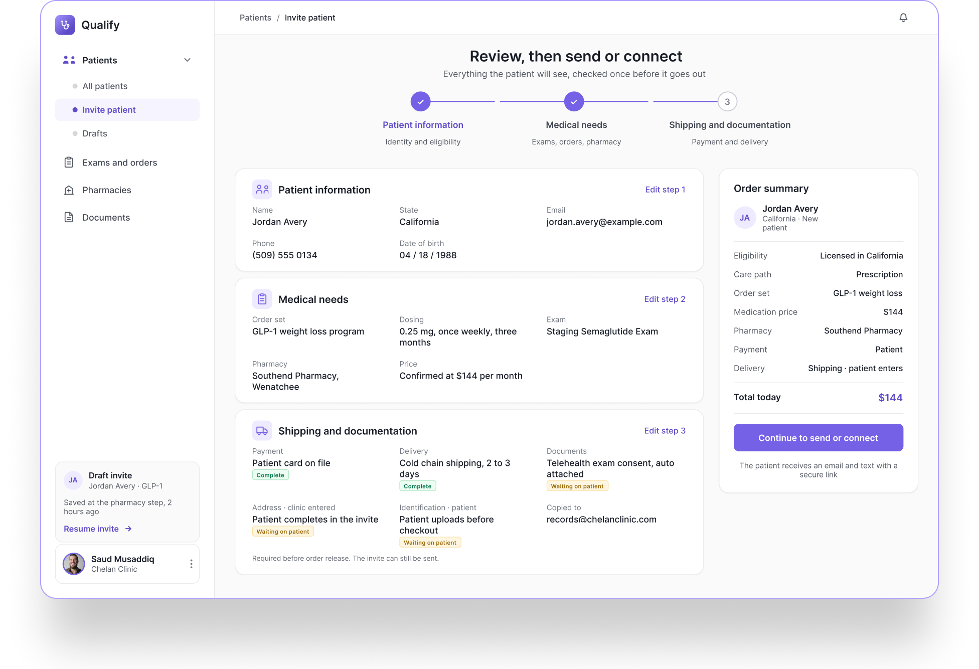 Qualify — the Review and send invite screen: a branching patient-intake flow with a running order summary.