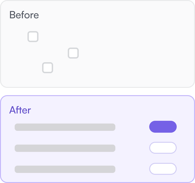 Before and after of ownership: three loose checkboxes, beside three explicit clinic-or-patient assignment rows.