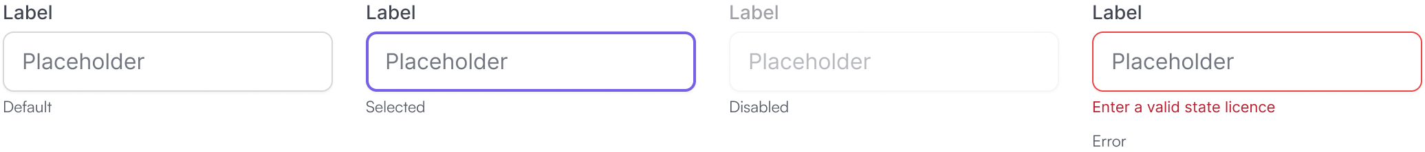 Input states: default, selected, disabled and error, each shown with its label and placeholder.