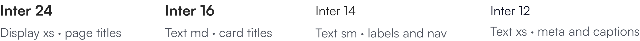 Product UI type scale: Display xs 24 for page titles, Text md 16 for card titles, Text sm 14 for labels and nav, Text xs 12 for meta and captions.