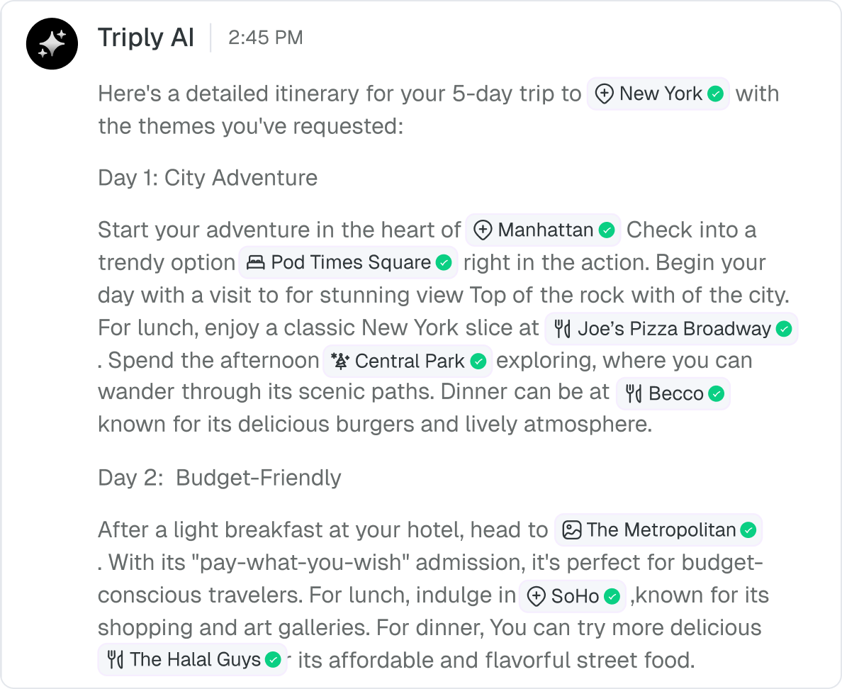 A generated five-day New York itinerary written as a paragraph of chat, with place names tagged inline.