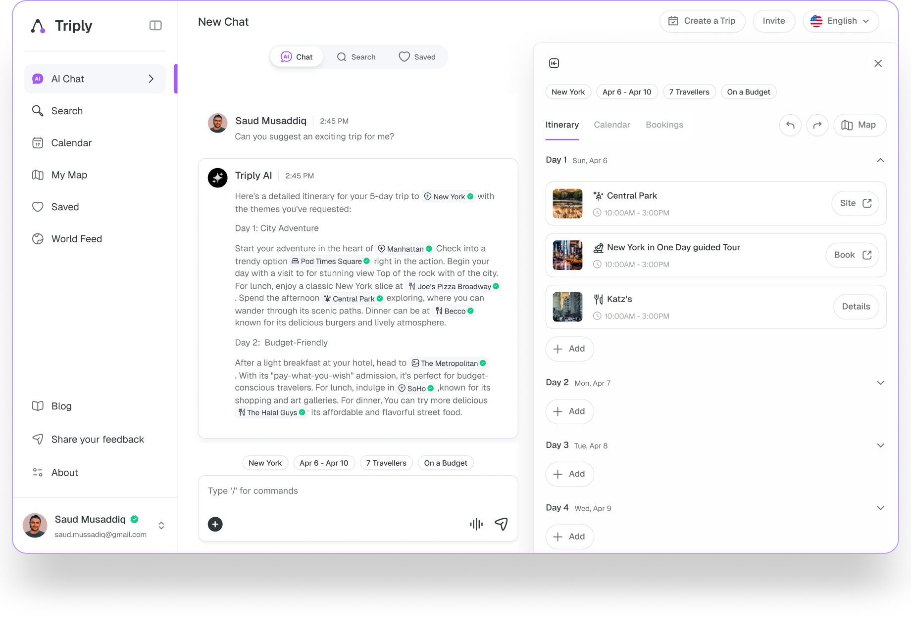 Triply: Travel Expert Recommends: Adventure Awaits!, New Chat
