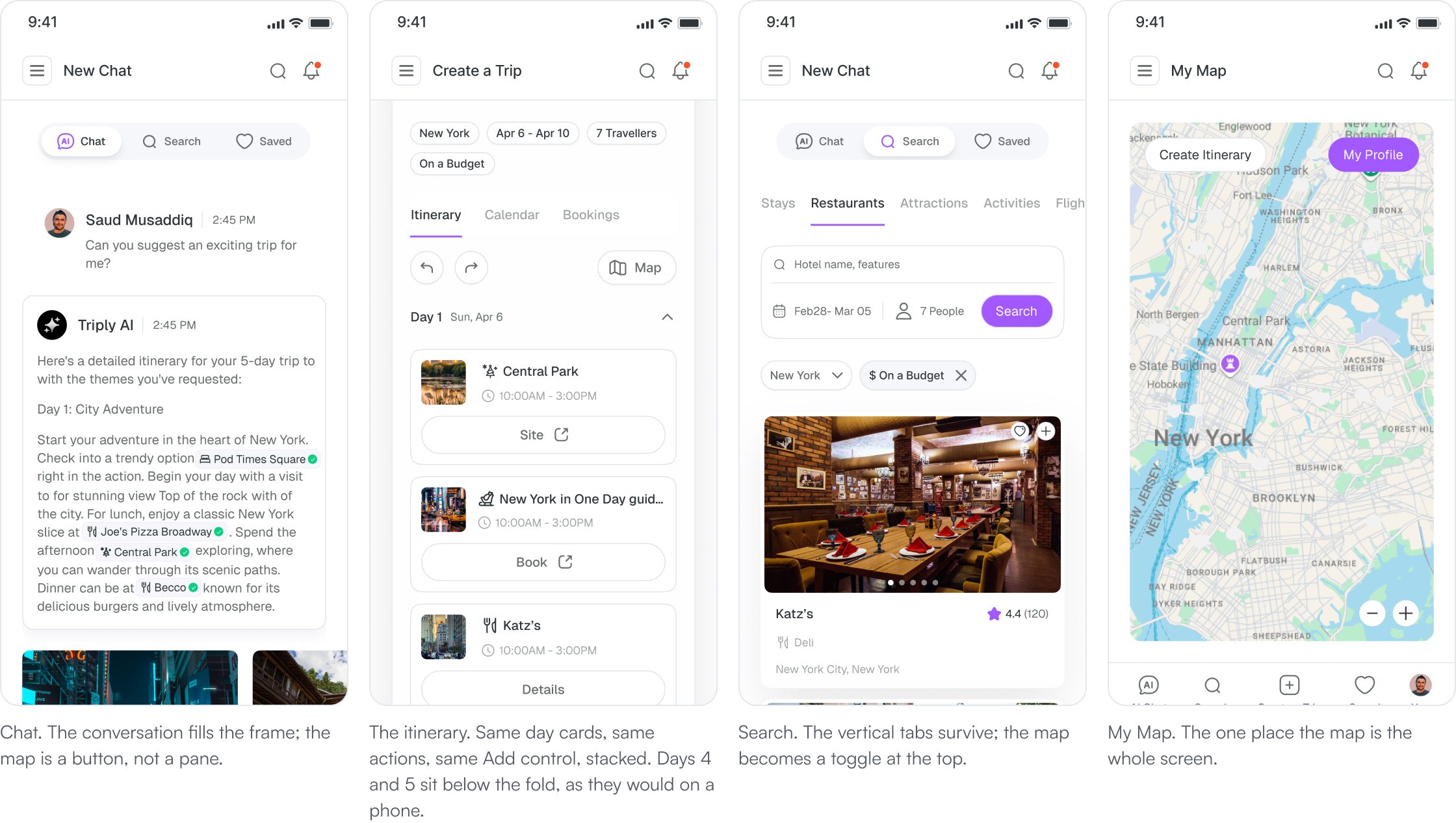 What survives when the map cannot stay: Chat. The conversation fills the frame; the map is a button, not a pane., Search. The vertical tabs survive; the map becomes a toggle at the top., My Map. The one place the map is the whole screen.