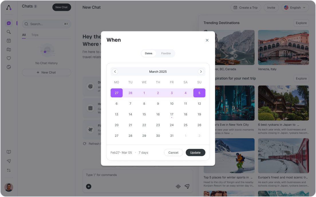 The trip dashboard with the When picker open over it, a March calendar with a date range selected, so the dates are set as data before the first message is sent.
